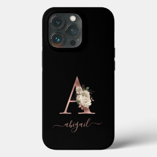 Floral Ivory Rose Gold Monogram Letter "A Black Case-Mate iPhone Hülle