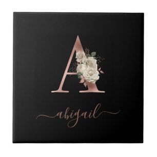 Floral Ivory Rose Gold Monogram Letter "A Black Fliese