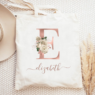 Floral Ivory Rose Gold Monogram Letter E Tragetasche