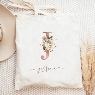 Floral Ivory Rose Gold Monogram Letter J Tragetasche