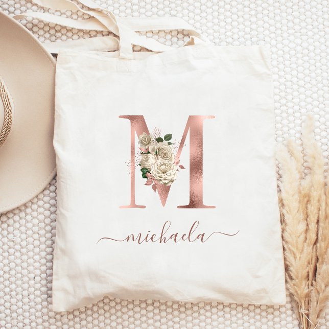 Floral Ivory Rose Gold Monogram Letter M Tote Beut Tragetasche (Von Creator hochgeladen)