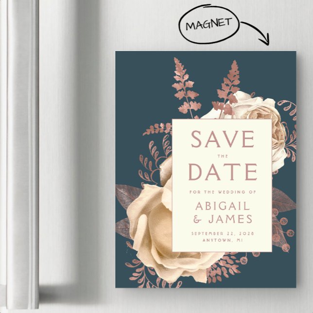 Floral Ivory Rose Gold Save the Date Aquamarin Magneteinladung (Von Creator hochgeladen)