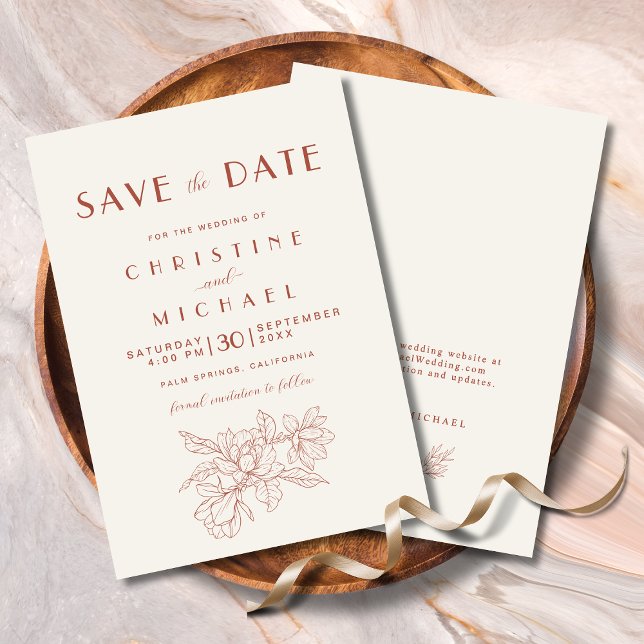 Floral Ivory Terracotta Save The Date (Floral Ivory Terracotta Elegant Wedding Save the Date Invitation with Magnolia Line Art, Website.)