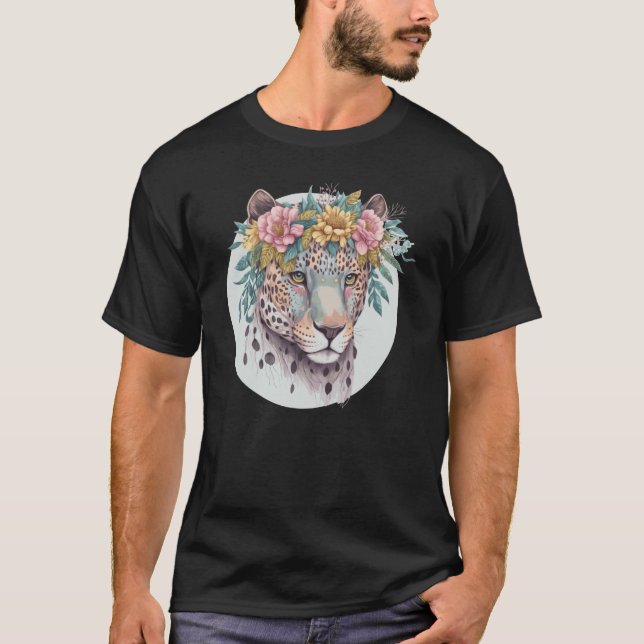 Floral Jaguar Flower Crown Watercolor Animal T-Shirt (Vorderseite)