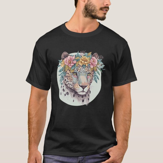 Floral Jaguar Flower Crown Watercolor Animal T-Shirt (Vorderseite)
