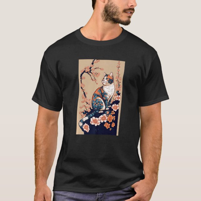 Floral Japanese Cat   T-Shirt (Vorderseite)