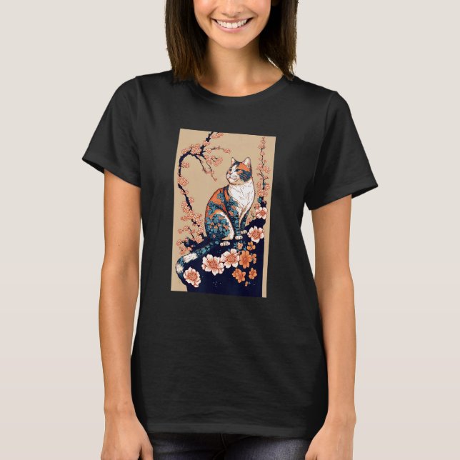 Floral Japanese Cat T-Shirt (Vorderseite)