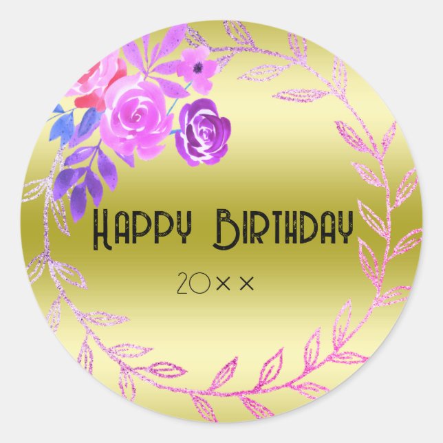 Floral Joy: Happy Birthday Round Sticker (Vorderseite)