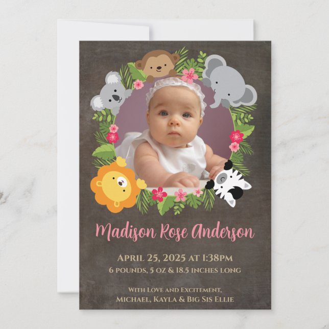 Floral Jungle Safari Wreath Baby Girl Ankündigung (Vorderseite)