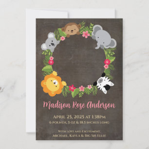 Floral Jungle Safari Wreath Baby Girl Ankündigung