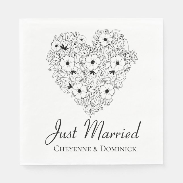 Floral Just Married Anemone Black Heart Blume Serviette (Vorderseite)