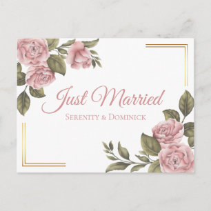 Floral Just Married Pink Peony Elegante Hochzeit Ankündigungspostkarte