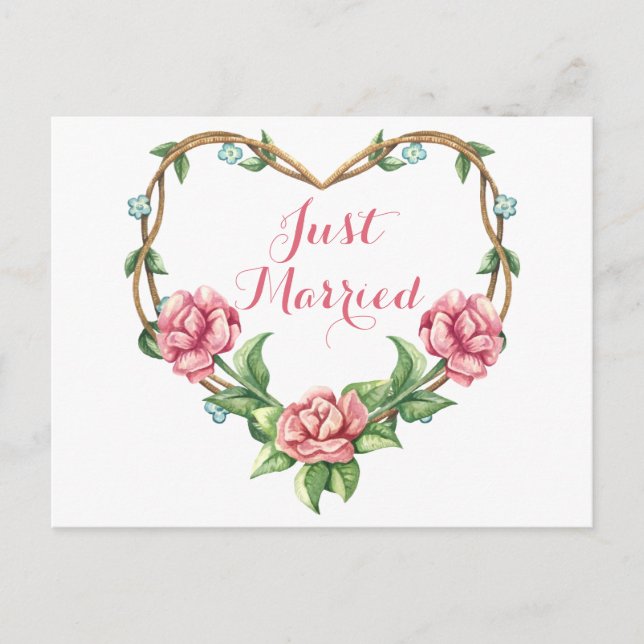 Floral Just Married Watercolor Rosa Hochzeit Ankündigungspostkarte (Vorderseite)
