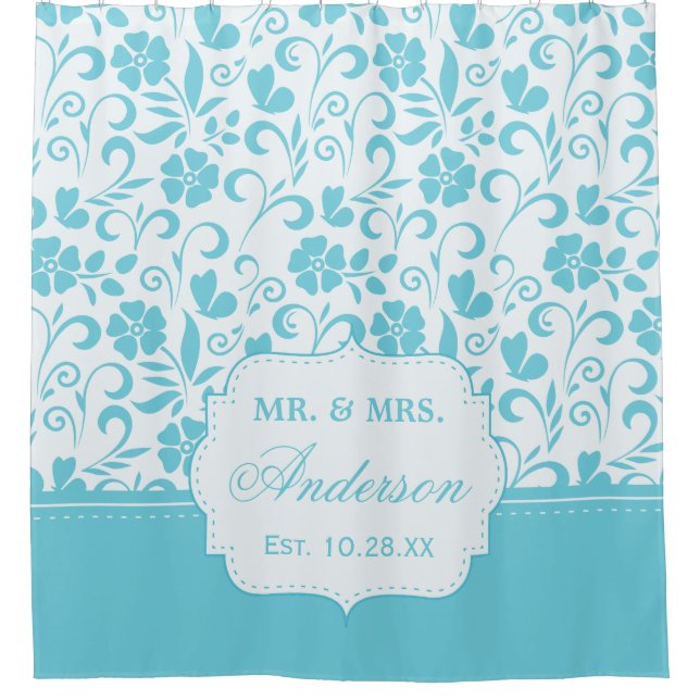 Floral Just Married Weddate Chic Cyan Blue Duschvorhang (Vorderseite)