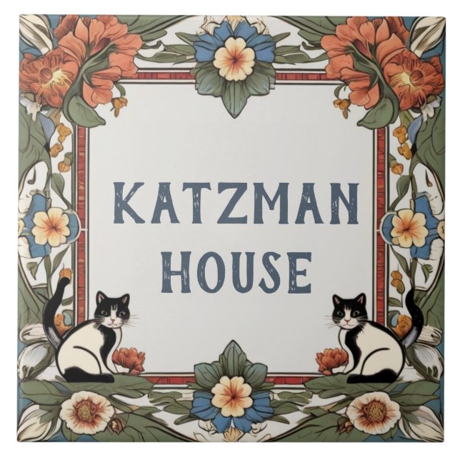 Floral Katzen Custom House Name Plate Schild Plaqu Fliese (Vorderseite)