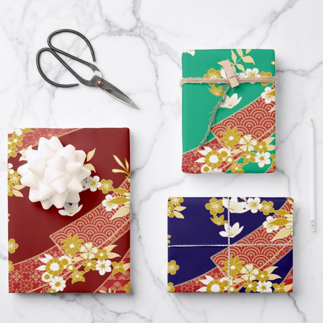 Floral Kimono Muster Red Golden Geschenkpapier Set (Vorderseite)