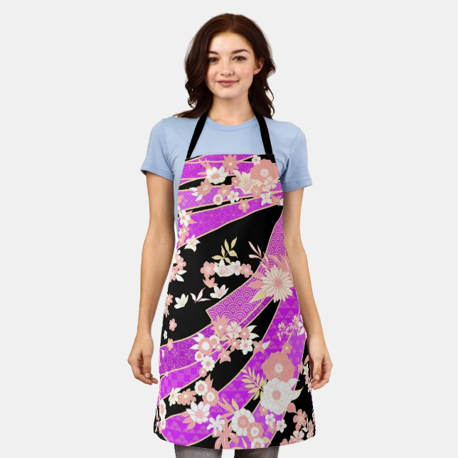 Floral Kimono Muster Violett Pink Schürze (Getragen)