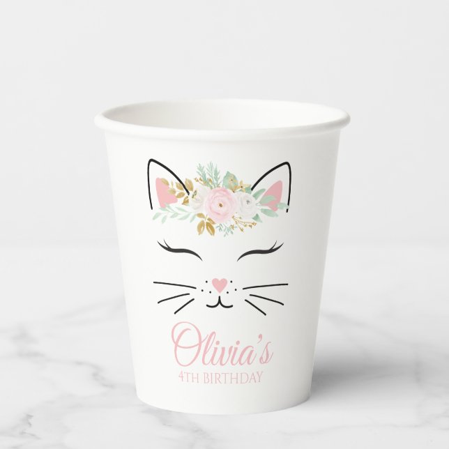 Floral Kitten Geburtstagsparty Kitty Gesicht Pappbecher (Vorderseite)