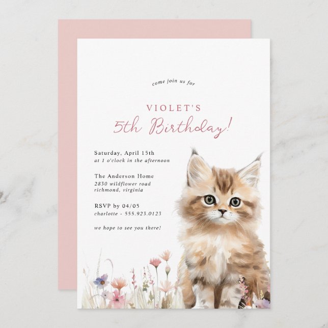 Floral Kitten Niedlich Cat Theme Girl's Birthday P Einladung (Vorne/Hinten)