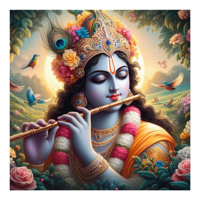 Floral Krishna Flute Serene Garden Fotodruck (Vorne)