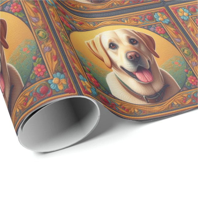 Floral Labrador Retriever Hund farbenfrohe Grenze Geschenkpapier (Rolleneckpunkt)