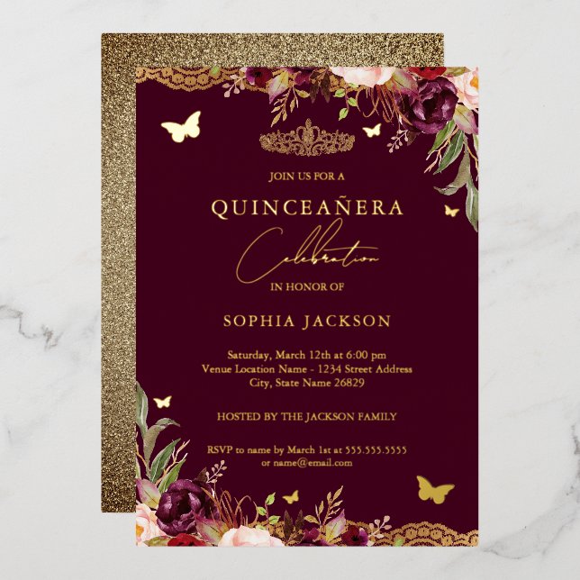 Floral Lace Burgundy Quinceanera Birthday Folieneinladung (Vorderseite/Rückseite)