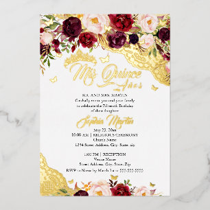 Floral Lace Gold Burgundy Butterfly Quinceanera Folieneinladung