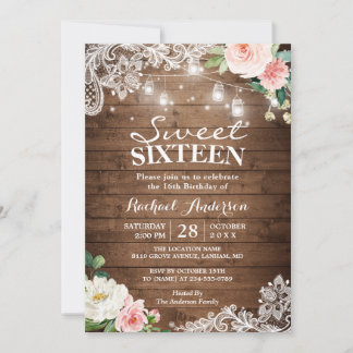 Floral Lace Mason Jar Lights Sweet 16 Birthday Einladung
