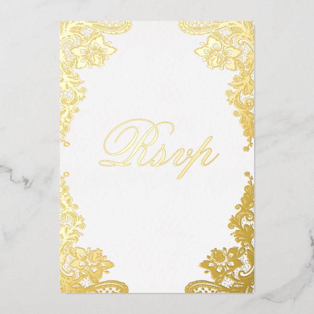 Floral Lace Wedding RSVP Real Gold Folieneinladung (Vorderseite)