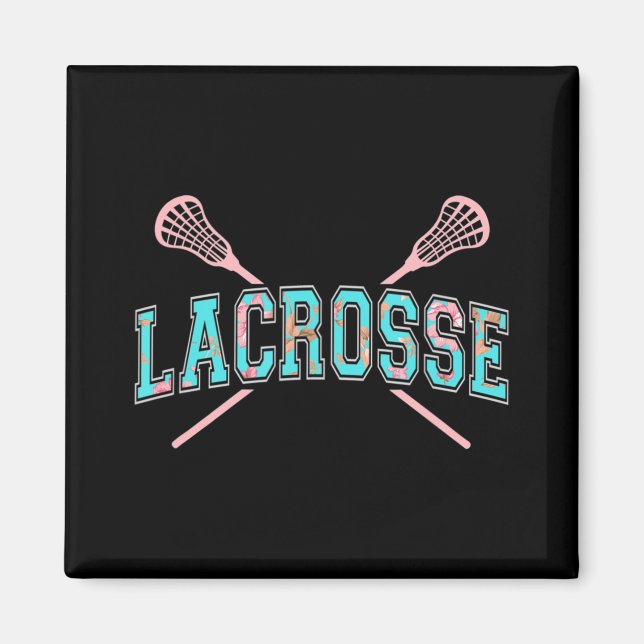 Floral Lacrosse Crossed Sticks LAX Girly Aquamarin Magnet (Vorne)