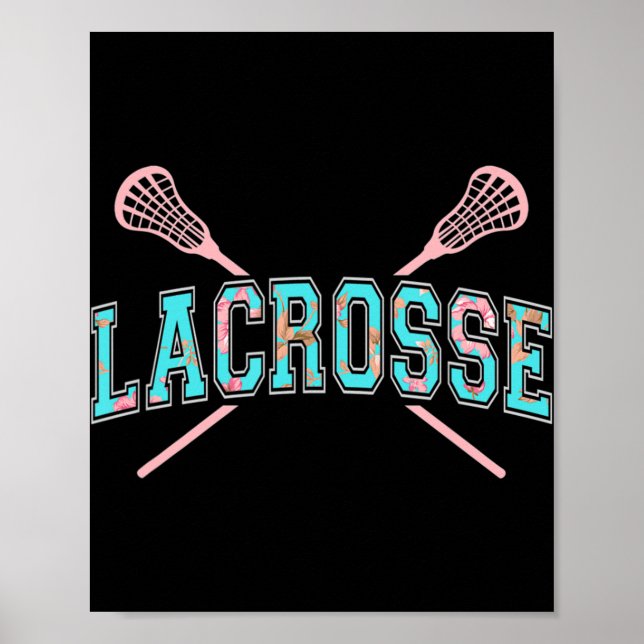 Floral Lacrosse Crossed Sticks LAX Girly Aquamarin Poster (Vorne)