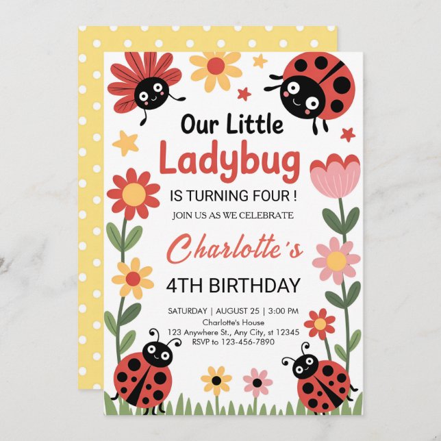 Floral ladybug birthday einladung (Vorne/Hinten)