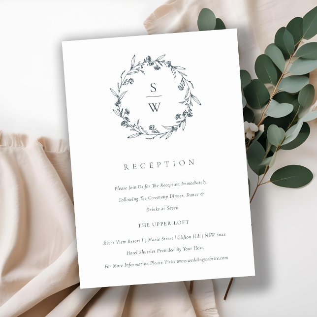 Floral Laurel Wreath Monogram Wedding Reception Begleitkarte (Von Creator hochgeladen)