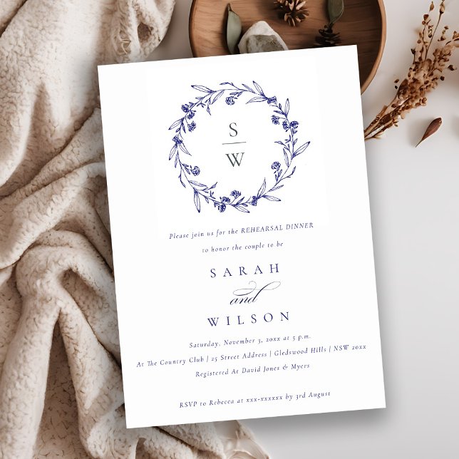 Floral Laurel Wreath Navy Blue Probe Dinner Einladung (Von Creator hochgeladen)