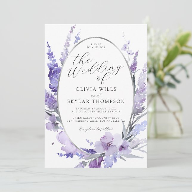 Floral Lavender Botanische Silber Rahmen Hochzeit Einladung (Stehend Vorderseite)