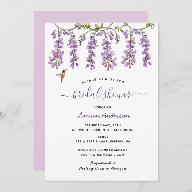 Floral Lavender Wisteria Brautparty Ankündigung (Vorne/Hinten)