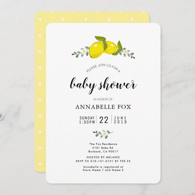 Floral Lemon Citrus Elegant Baby Dusche Einladung (Vorne/Hinten)