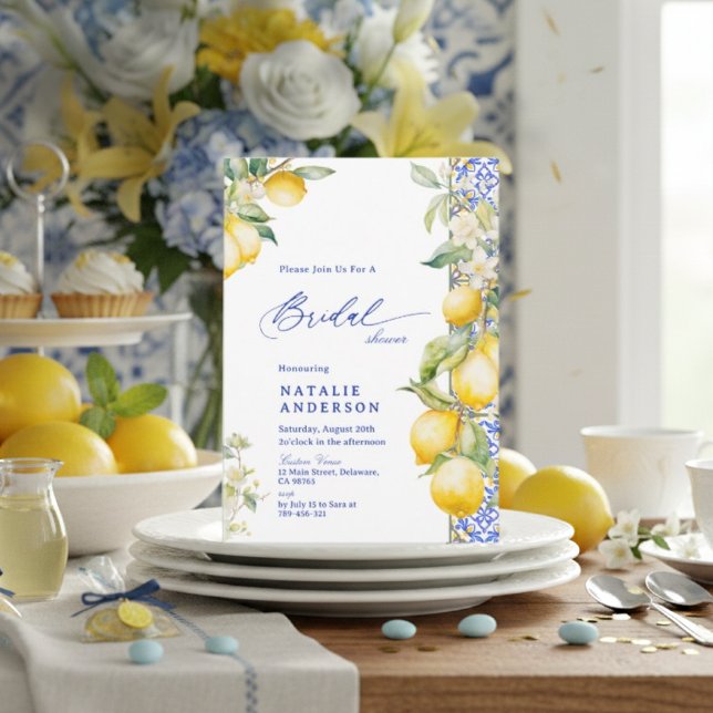 Floral Lemon Mediterranean Blue Tile Bridal Shower Einladung (Floral Lemon Mediterranean Blue Tile Bridal Shower Invitation)