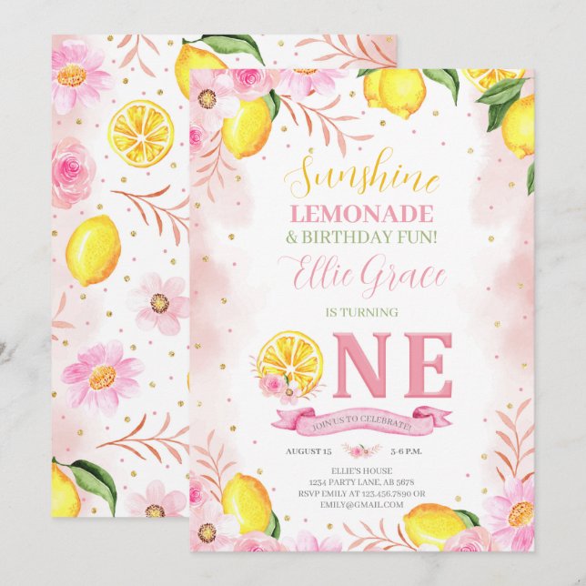 Floral Lemonade 1. Geburtstag Einladung (Vorne/Hinten)