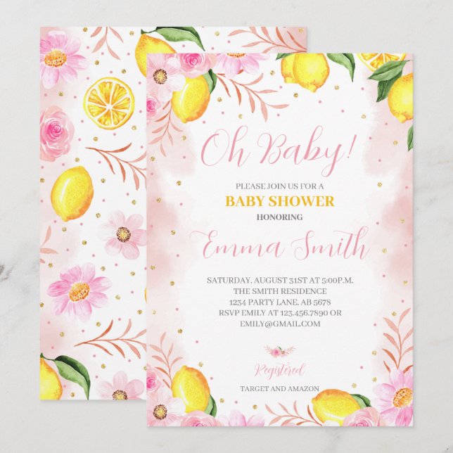 Floral Lemonade Baby Dusche Einladung (Vorne/Hinten)