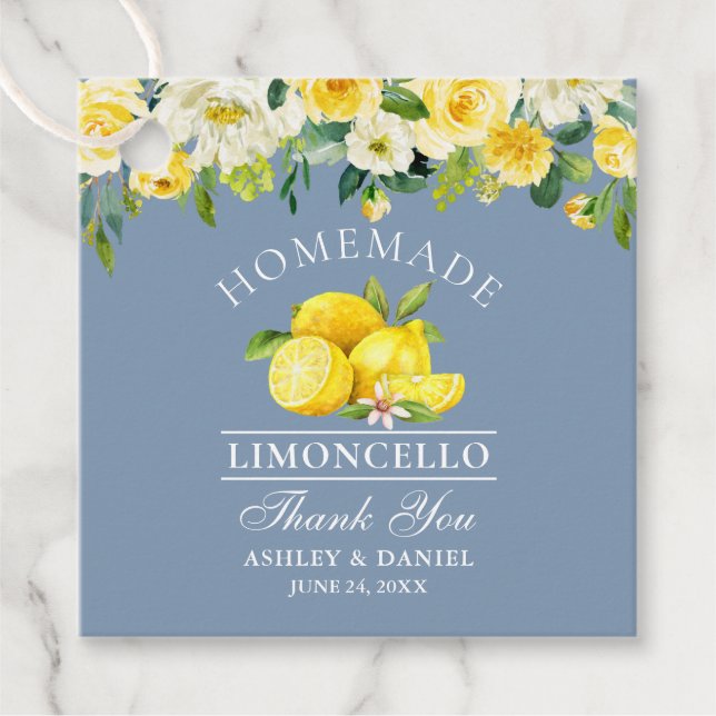 Floral Lemons Dusty Blue Limoncello Wedding Geschenkanhänger (Vorderseite)