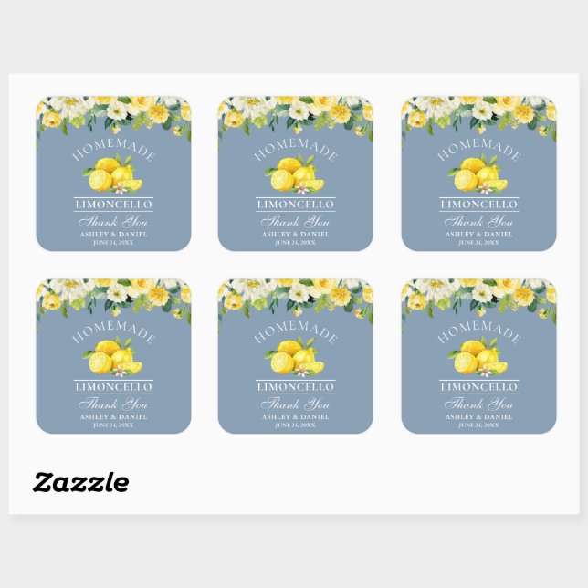 Floral Lemons Dusty Blue Limoncello Wedding Quadratischer Aufkleber (Blatt)