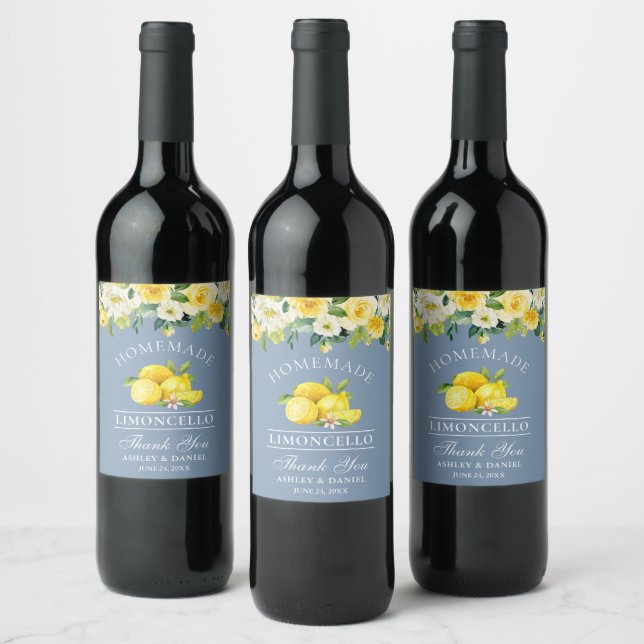 Floral Lemons Dusty Blue Limoncello Wedding Weinetikett (Flaschen)
