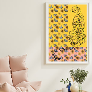 Floral Leopard Cheetah Gelb und Rosa Poster