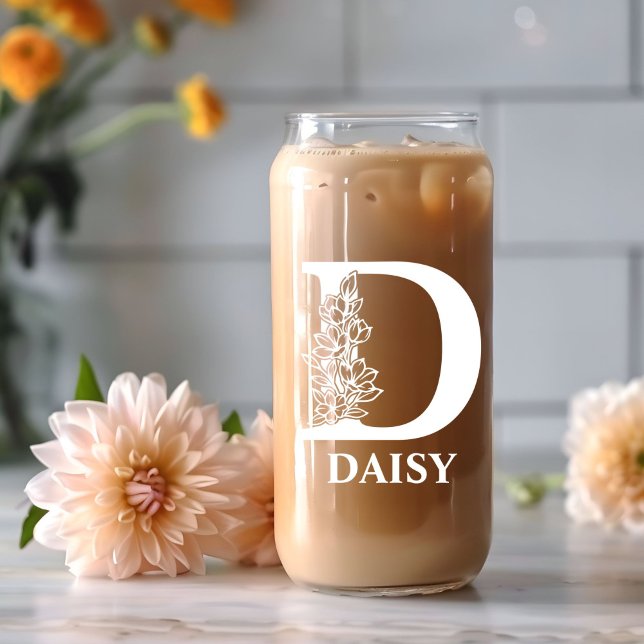 Floral Letter D Monogramm Personalisiert Name Weiß Dosenglas (Von Creator hochgeladen)