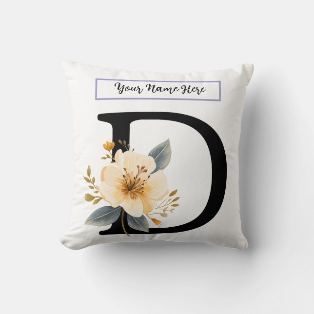 Floral Letter D Pillow – Personalized Initial Cush Kissen (Vorderseite)