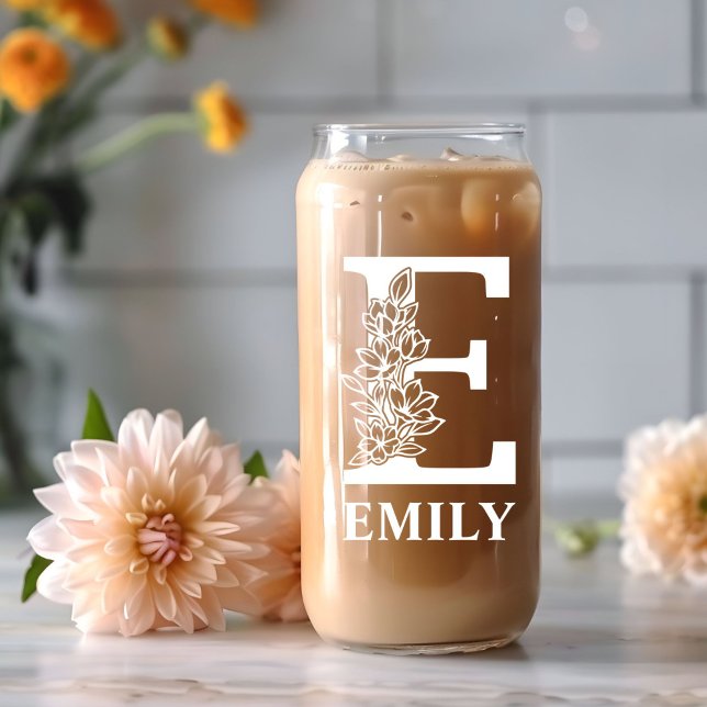 Floral Letter E Monogramm Personalisiert Name Weiß Dosenglas (Von Creator hochgeladen)