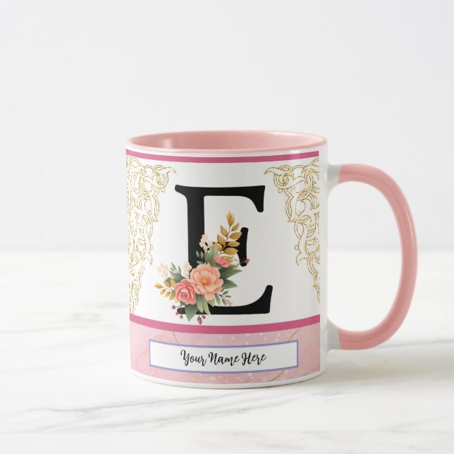 Floral Letter E Mug – Personalized Initial Cup wit Tasse (Rechts)