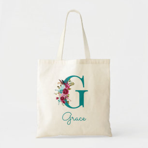 Floral Letter G Script Monogram Aquamarin rosa Tragetasche