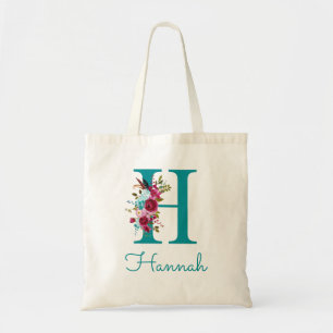 Floral Letter H Script Monogram Aquamarin Pink Tragetasche